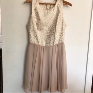 Blush pink and gold fit and flare dress. Size L